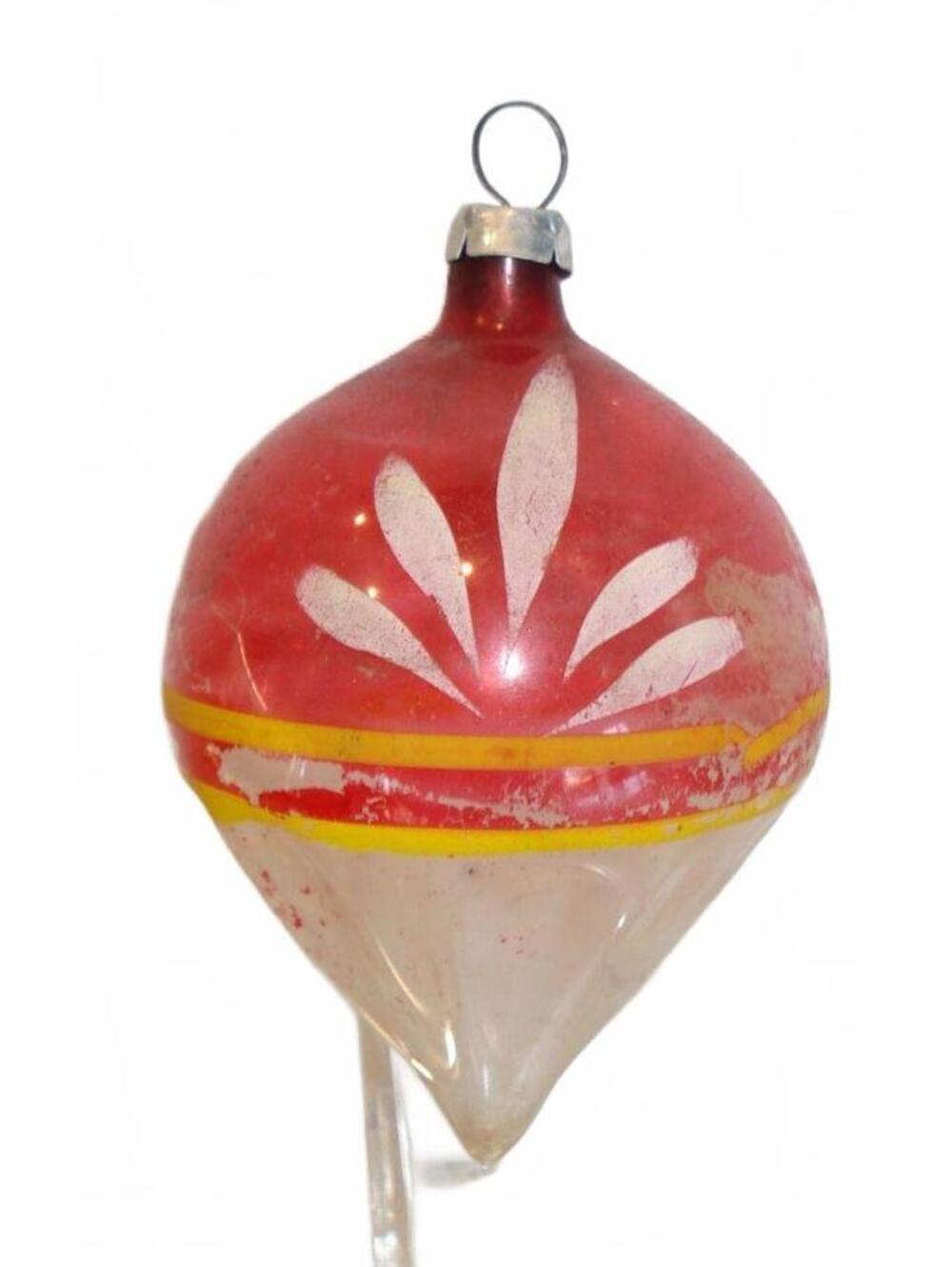 Vintage W. Germany Finial Parachute Fluted Red & Clear Glass Christmas Ornament